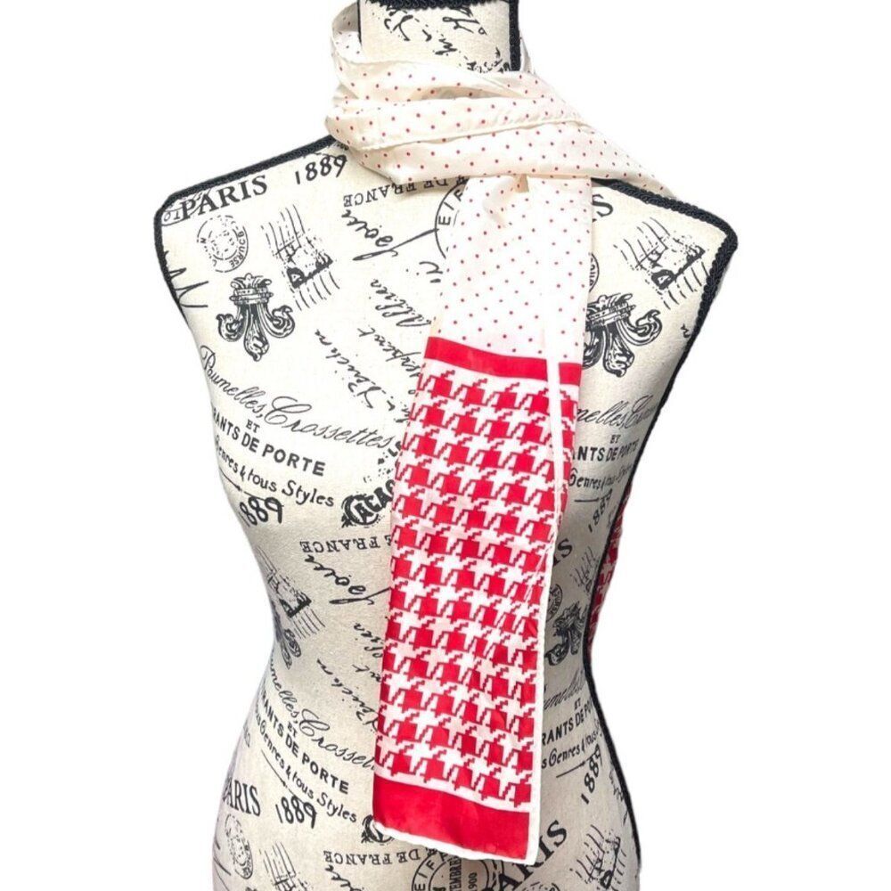 Vintage Red & White Polka Dot Houndstooth Scarf Long Rectangle Wrap Head Cover